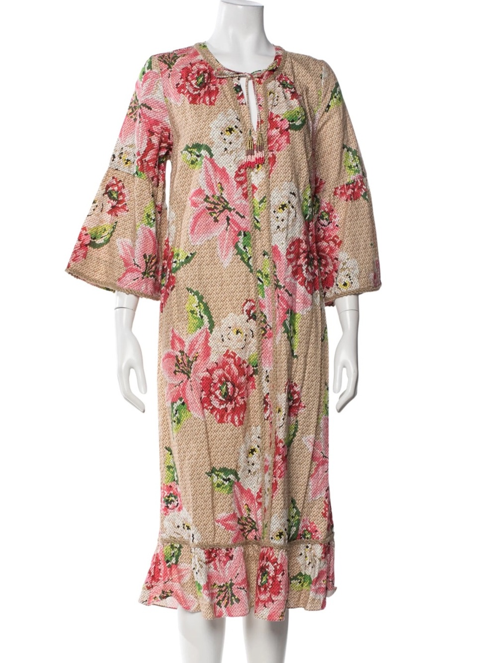 FARM Rio Floral Ruffle Beaded Linen Cross Stitch Belted Midi Dress - Size Medium